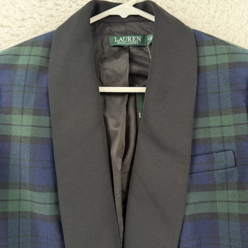 Lauren Ralph Lauren Blazer Womens 4 Blue Plaid Tuxedo Shawl Collar Jacket NWT - Picture 4 of 12